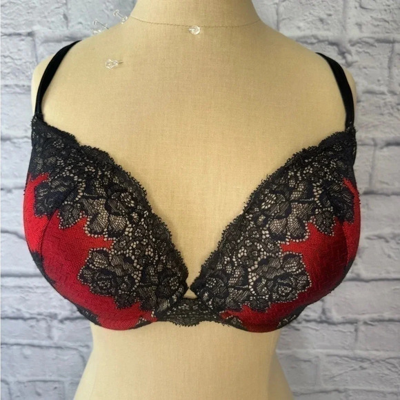 Cacique Other - Cacique Supportive Red With Black Lace Accent Plunge Bra Women's 36DD